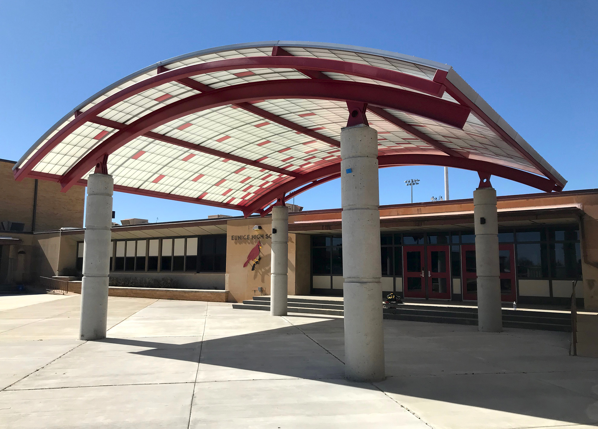 The new entry canopy captures school pride with a prominently visible sign. 