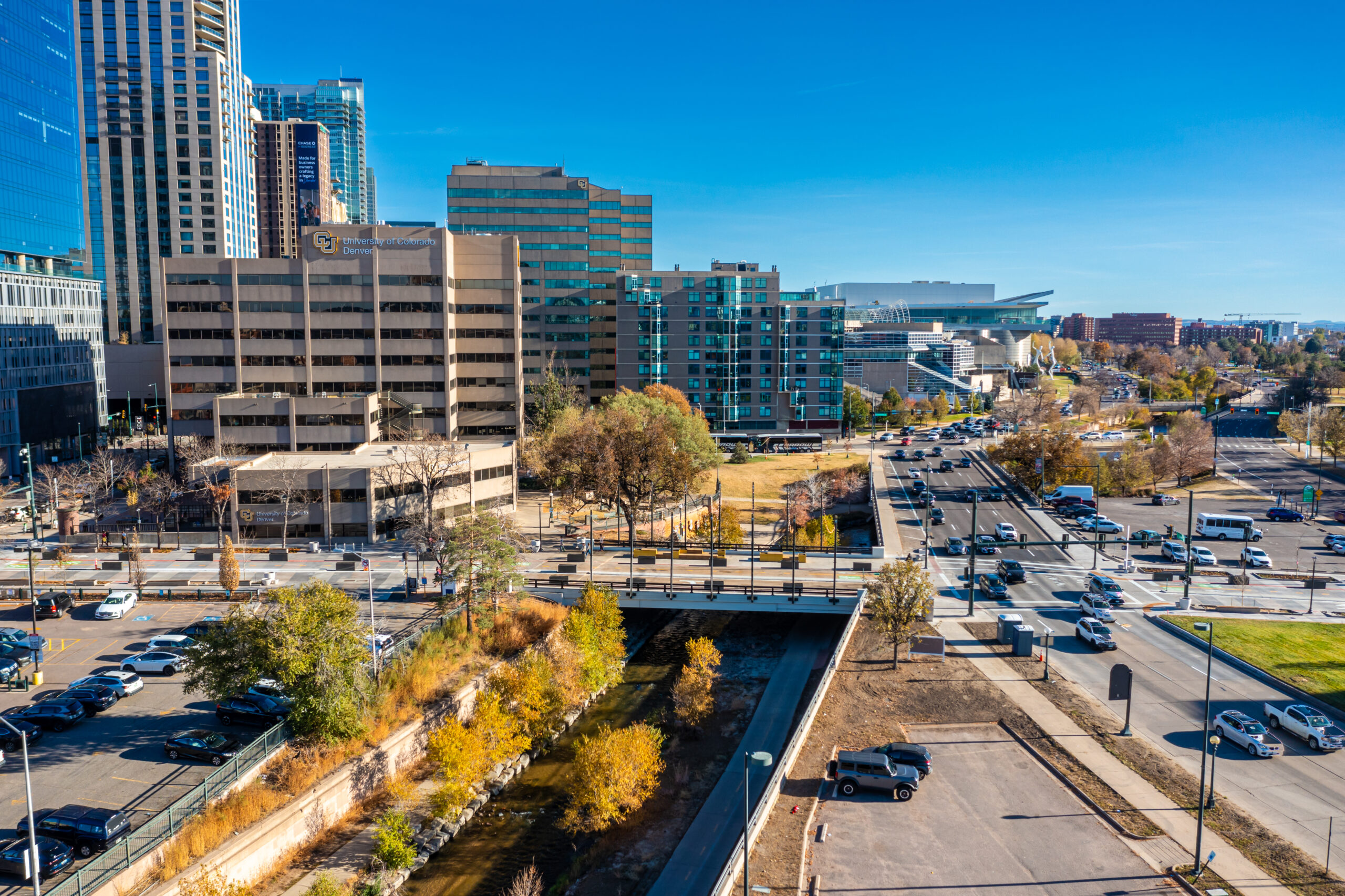 Wilson & Company designed a strong connection from the main campus to the downtown core, additional transit access, downtown bicycle lanes, and regional trail systems along Cherry Creek.  