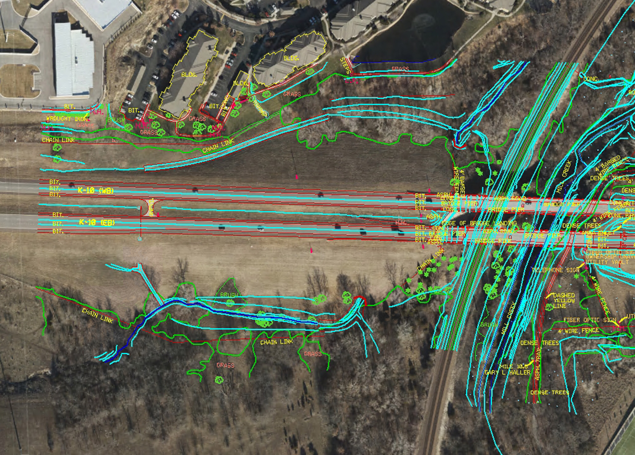 Planimetric compilation, lidar topography, orthophotography, and field survey data were integrated.