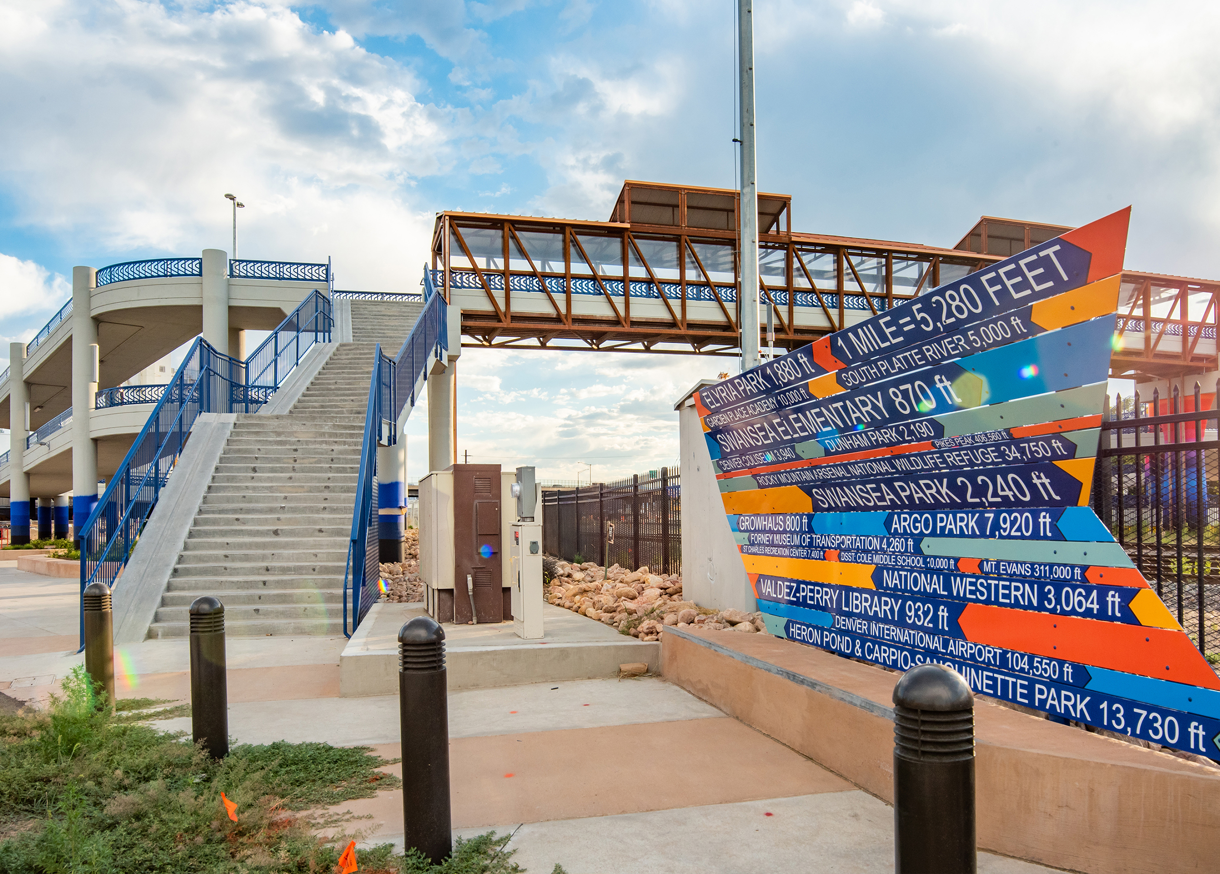 The 47th and York Pedestrian Bridge over the UPRR tracks is located in the Elyria-Swansea neighborhood of Denver, CO.