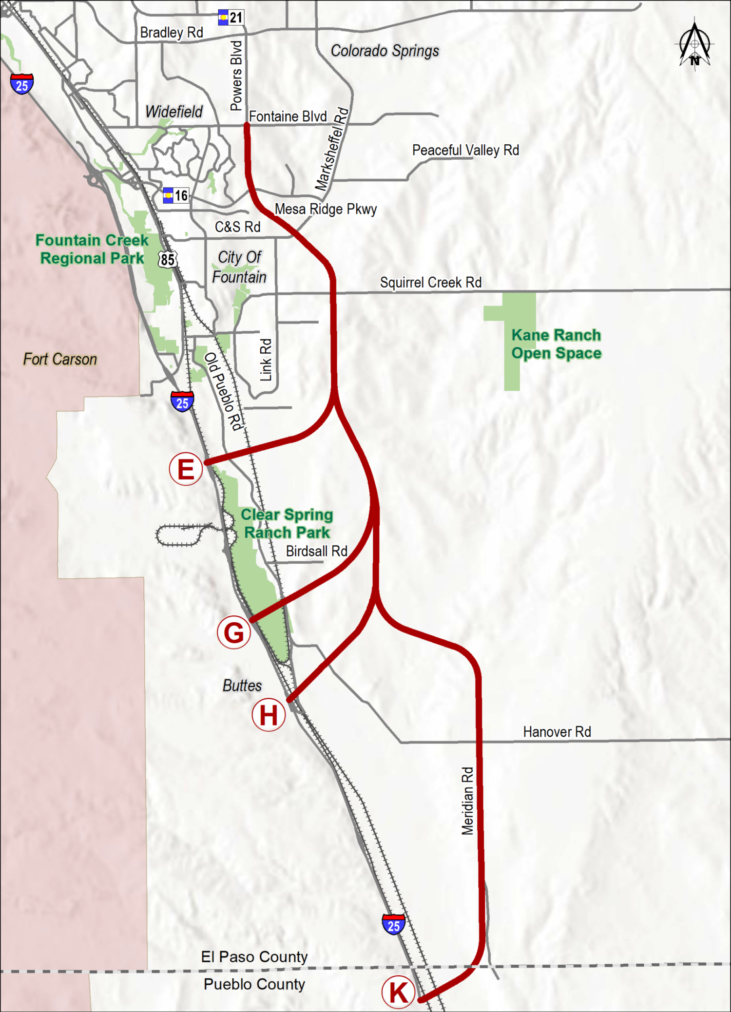 Powers Boulevard alignment alternatives.