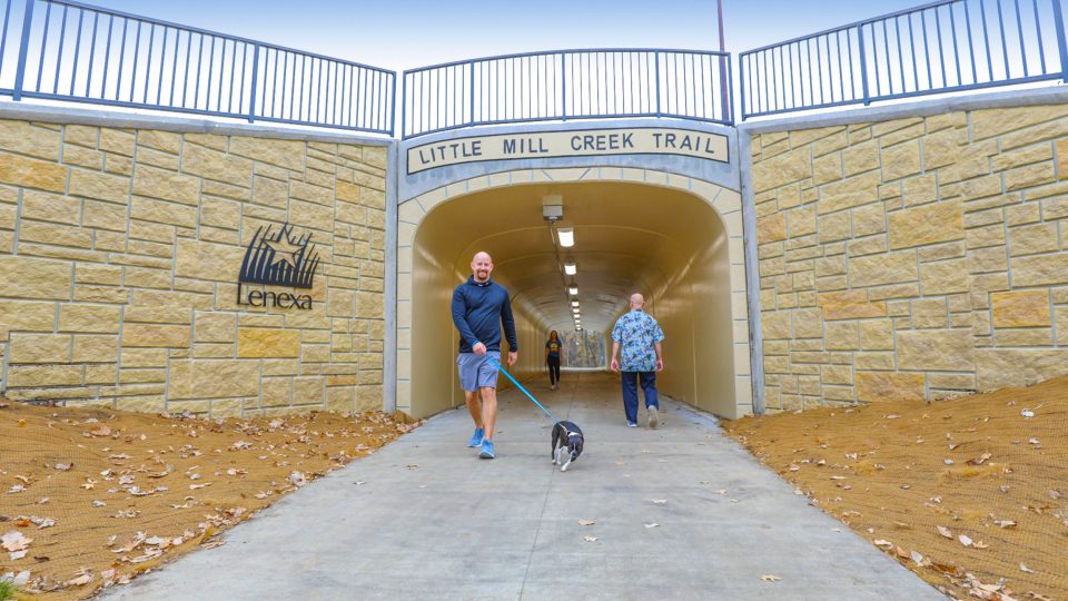 The Little Mill Creek Trail crossing includes special aesthetic enhancements, lighting, cameras, call pedestals, and storm sewer systems.